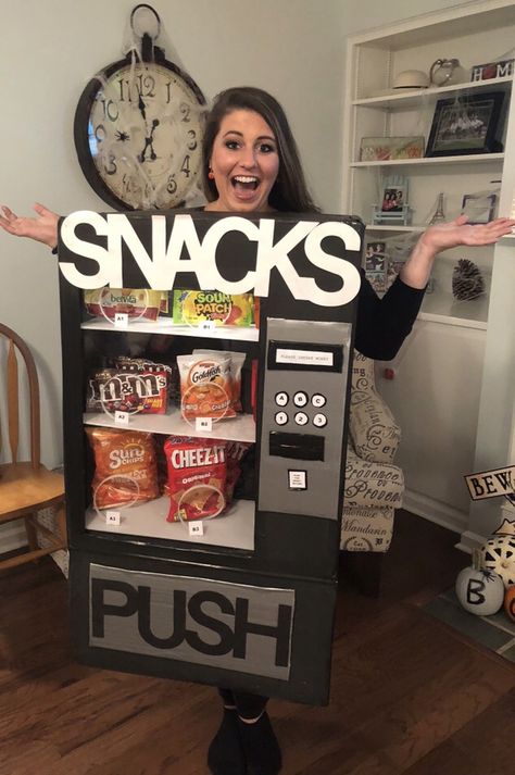 Candy Machine Halloween Costume, Vending Machine Halloween Costume Diy, Diy Snack Machine Costume, Snack Machine Costume, Circuit Halloween Costume, Vending Machine Diy Costume, Halloween Costumes Vending Machine, Snack Costume Ideas, Vending Machine Halloween Costume