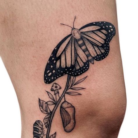 Emaline Taylor on Instagram: "Such a special tattoo 🦋 The life cycle of a butterfly 🍃✨ Thank you to my client for trusting me with something so special, as a prior butterfly garden girly it made my heart so happy 🌼   #tampatattoos #stpetetattoos #tampatattooartist #orlandotattoos #orlandotattoo #tampatattoo #floridatattoos" Caterpillar Cocoon Butterfly Tattoo, Butterfly Cycle Tattoo, Cocoon To Butterfly Tattoo, Butterfly Coming Out Of Cocoon Tattoo, Butterfly Life Cycle Tattoo, Cycle Tattoo Ideas, Butterfly Cocoon Tattoo, Butterfly Transformation Tattoo, Life Cycle Tattoo