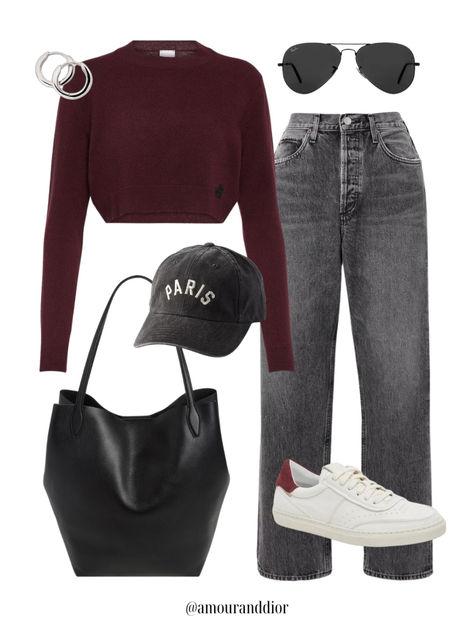 Styling burgundy + black for fall 🍁🍂 Fall outfit, gray jeans, black jeans, denim, black tote bag, casual outfit, maroon, Paris hat, trainers, sneakers, burgundy sweater, cashmere sweater Burgundy Outfit Casual, Gray And Maroon Outfit, Burgundy Baseball Hat Outfit, Winter Burgundy Outfits, Burgundy Black Outfit, Burgundy Style Outfit, Gray And Burgundy Outfit, Burgundy Top Outfit Ideas, Black And Maroon Outfit