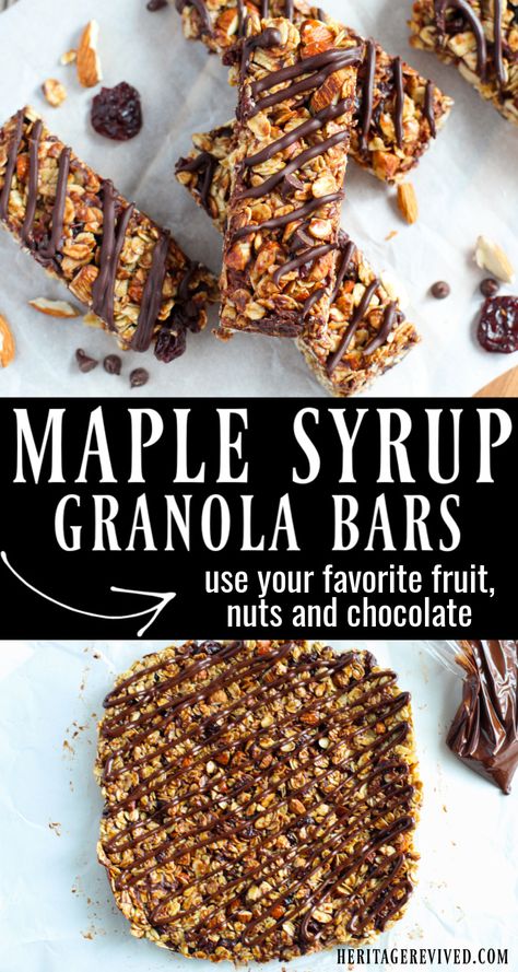 Cherry almond maple syrup granola bars drizzled with chocolate on a white background. Old Fashioned Oats Granola Bar, Maple Granola Bars, Maple Syrup Granola Bars, Nutty Granola Bars, Granola Bars Recipe Healthy, Homemade Granola Bars With Dates, Homemade Nut Bars, Nut Bars Homemade Healthy, Granola Bars Homemade Healthy