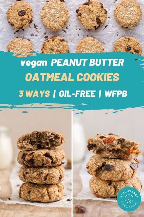 Super easy and delicious vegan oatmeal cookies that are soft and chewy using whole food plant-based ingredients. #veganoatmealcookies #veganoatmealchocolatechipcookies #veganoatmealraisincookies #veganoatmealcookieseasy #nutriplanet #wfpbnooil Oatmeal Peanut Butter Cookies, Vegan Oatmeal Cookies, Oatmeal Peanut Butter, Butter Oatmeal Cookies, Vegan Peanut Butter Cookies, Healthy Oatmeal Cookies, Vegan Breakfast Easy, Vegan Oatmeal, Vegan Cookies Recipes