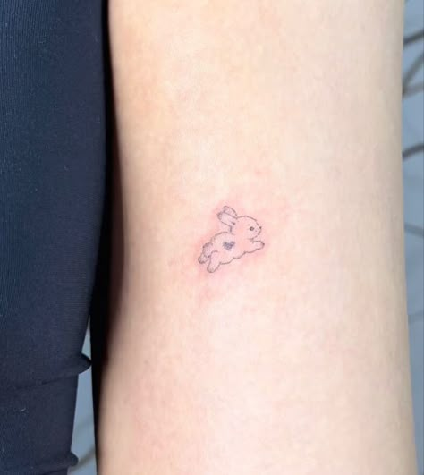 Childhood Toy Tattoo, One Inch Tattoos, Fine Line Bunny Tattoo, Soft Tattoo Aesthetic, Stuffed Animal Tattoo, Dainty Tattoo Ideas, Pet Portrait Tattoos, Bunny Tattoo, Small Girly Tattoos