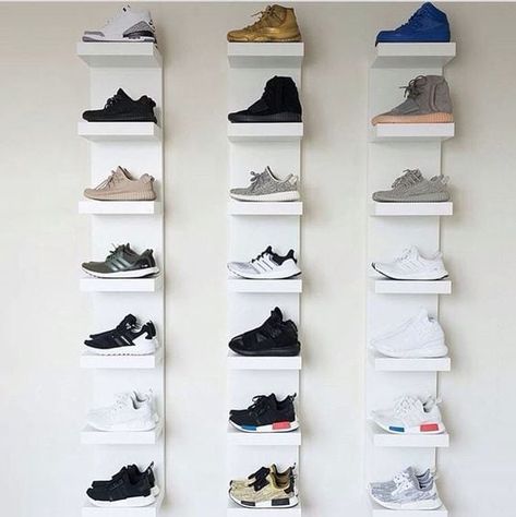 How to Organize, Display  Store Your Sneaker Collection | West Coast Self-Storage Diy Shelves Design, Bedroom Closet Shelves, Ikea Shoe Rack, Ikea Closet Hack, Sneaker Room, Lack Shelf, Ikea Lack Shelves, Sneaker Displays, Ikea Shoe