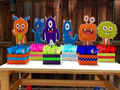 Monster Centerpieces, Little Monster Party, Cute Birthday Party, Guest Table Centerpieces, Purple Monster, Little Monster Birthday, Monster Birthday Parties, Table Centerpiece Decorations, Party Tablescapes