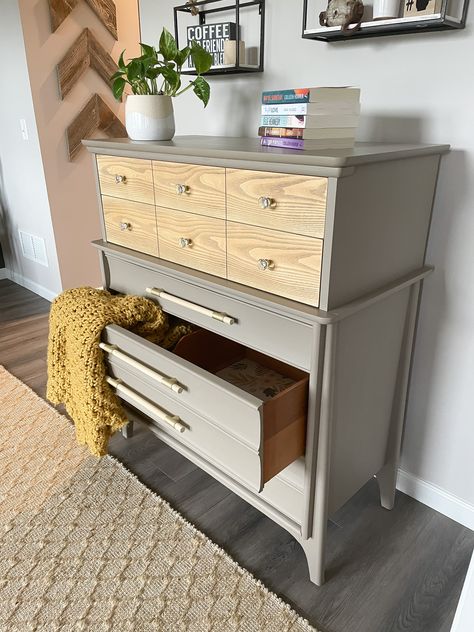 I upcycled this Mid century modern tallboy with Fusion Algonquin on the body. The top drawers were sanded and top coated. Dowel handles were built DIY and I found vintage glass knobs. Fusion Algonquin, Furniture Flipping Business, Flipping Business, Furniture Flipping, Furniture Flips, Tall Boy, Tall Boys, Glass Knobs, Raw Wood