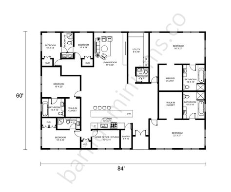 Amazing 6 Bedroom Barndominium Floor Plans - Barndominium Homes 6 Bedroom Barndominium, 6 Bedroom Barndominium Floor Plans, 60’s Bathroom, Bathroom Walk In Closet, Barndominium Interior, Open Floor Concept, Barn Homes Floor Plans, Barndominium Floor Plans, Bedroom Floor Plans