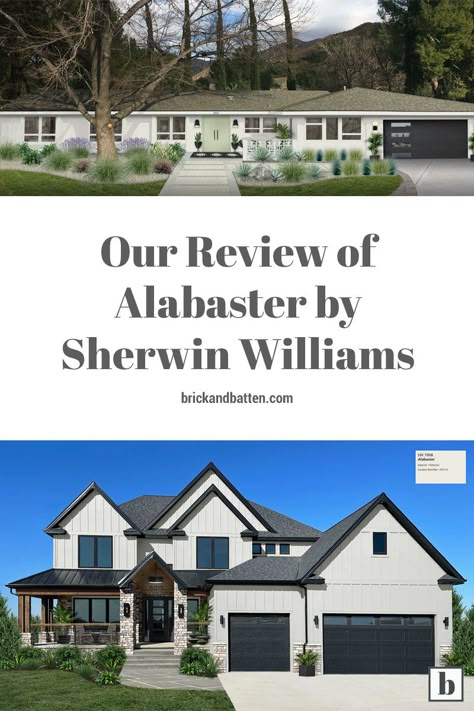 Stucco Exterior Colors, Exterior Paint Sherwin Williams, Alabaster Sherwin Williams, Modern Farmhouse Exterior Colors, White Stucco House, Farmhouse Exterior Paint Colors, Sherwin Williams Exterior House Colors, Farmhouse Exterior Colors, Outside House Colors