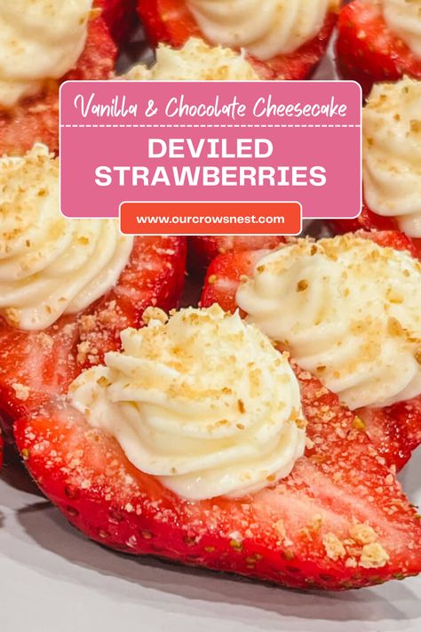 This TikTok Deviled Strawberries recipe is the perfect dessert for those with a sweet tooth.  Plump, juicy strawberries filled with a sweet cheesecake filling is a wonderful no-bake dessert that takes minutes to make! #nobakedessert #strawberries #strawberrydesserts #summerdessert Strawberry Deviled Cheesecake, Strawberry Deviled Eggs Cheesecake, Strawberry Deviled Eggs, Strawberry Cheesecake Deviled Eggs, Deviled Strawberries Recipe, Cheesecake Deviled Strawberries, Deviled Strawberries, Devils Food Cupcakes, Quick Easy Desserts