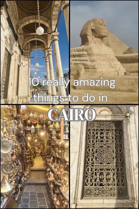 4 pictures of Cairo. Top left to bottom right: 1) lanterns in Muhammad Ali mosque in Cairo underneath arches, 2) the Sphinx, 3) gold lanterns in Islamic Cairo in a market stall, 4) an Islamic style door Cairo Itinerary, Things To Do In Egypt, Visit Egypt, Egypt Travel, Cairo Egypt, Unique Things, Travel Itinerary, Public Transport, Cairo