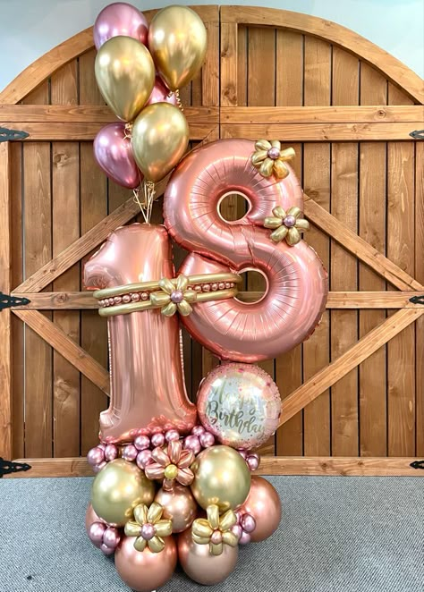 18th Birthday Balloon Bouquet, 18th Balloon Ideas, 18th Birthday Balloon Ideas, Balloon Arrangements Birthday, Balloon Bouquet Ideas Birthday, Birthday Balloon Bouquet, Blush Balloons, Balloon Arrangement, Baby Boy Birthday Cake