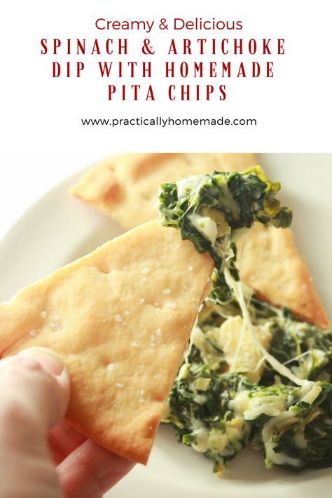 Healthy Artichoke Dip, Pita Chips Recipe, Chips Homemade, Artichoke Dip Easy, Best Spinach Artichoke Dip, Practically Homemade, Baked Pita Chips, Homemade Pita Chips, Baked Spinach