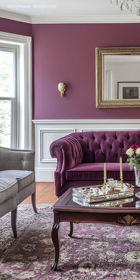 The elegant wainscoting walls bring a timeless charm, blending vintage appeal with modern details seamlessly. Paint Colors With Wainscoting, Purple Wainscoting, Elegant Wainscoting, Living Room Wainscoting, Wainscoting Colors, Classic Wainscoting, Fancy House Design, Wainscoting Ideas, Wainscoting Wall