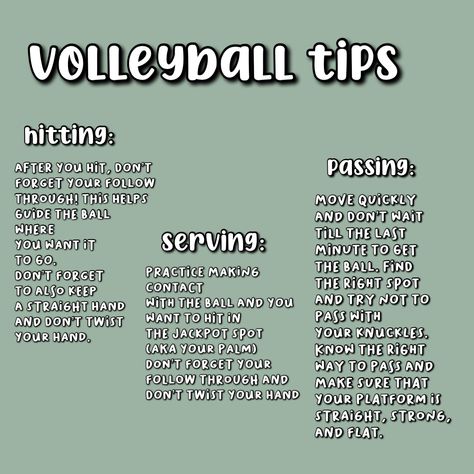 How To Start Volleyball, Begginer Volleyball Tips, Volleyball Passing Tips, Spiking Volleyball Tips, Volleyball Stuff You Need, How To Serve Better In Volleyball, Volleyball Beginner Tips, Serving Tips Volleyball, Volleyball Tips For Tryouts