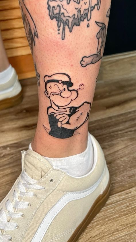 Popeyes Tattoo, Cartoon Tattoos For Men, Pikachu Tattoo Design, Popeye Tattoo, Tattoo Character, Pikachu Tattoo, Simpsons Tattoo, Egyptian Tattoo Sleeve, Letter Tattoo