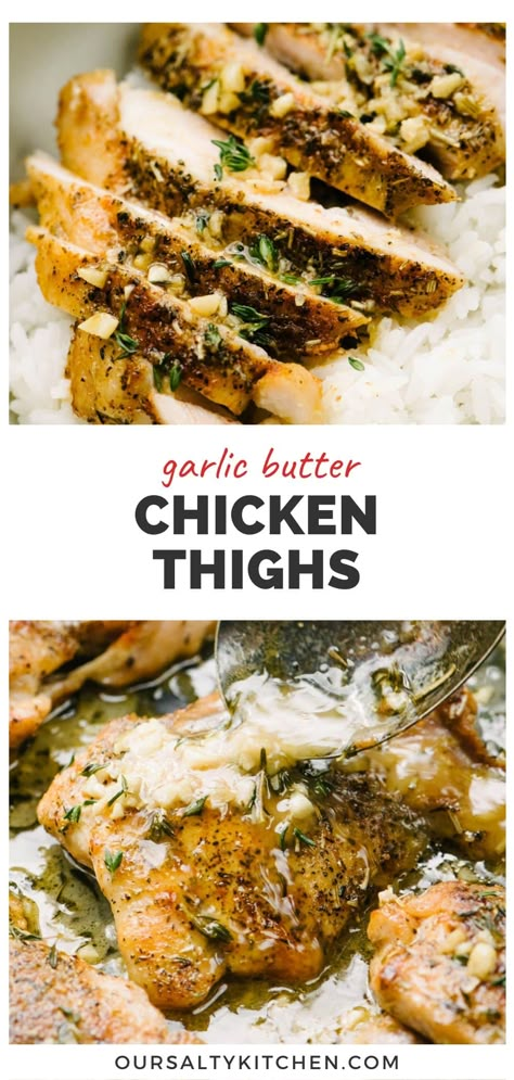 Garlic butter chicken thighs are flavorful and frugal! This is a one skillet chicken recipe, ready in just 30 minutes. Boneless skinless chicken thighs are packed with flavor and so affordable. They're generously seasoned, then pan seared until golden brown. A quick pan sauce with garlic, thyme, white wine, broth and butter is ready in just minutes. This quick chicken dinner is great for weeknights, and pairs with endless side dishes. #chickenthigh #dinner #chickenrecipe Boneless Skinless Chicken Thigh Recipes Stove Top, Boneless Skinless Chicken Thigh Recipes Dutch Oven, Chicken Thighs Recipes Boneless Skinless, Boneless Skinless Chicken Thigh Recipes Baked, Roasted Boneless Chicken Thighs, Chicken Thigh Fillet Recipes, Stove Top Chicken Thighs, Garlic Butter Chicken Thighs, Chicken Thighs Boneless Skinless