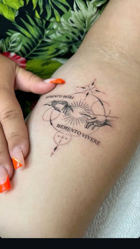 Memento Mori And Vivere Tattoo, Momento Vivere Momento Mori Tattoo, Moments Mori Tattoo, Memento Vivere Tattoo Ideas, Memento Mori Tattoo Design, Momento Mori Memento Vivere Tattoo, Momento Vivere Tattoo, Memento Mori Memento Vivere Tattoo, Memento Vivere Tattoo