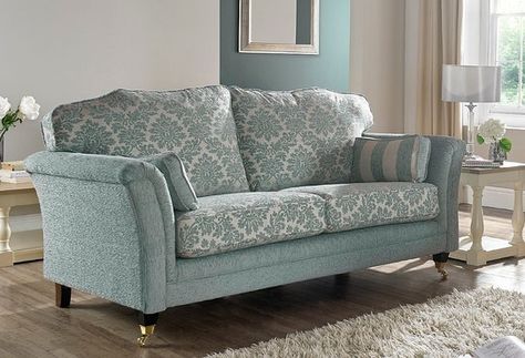 Show more information on Galaxy 3 Seater Fabric Sofa Upholstered In Duck Egg Blue Printed Fabric Sofa, Duck Egg Blue Living Room, Laura Ashley Living Room, Blue Fabric Sofa, Galaxy Fabric, Upholstered Chaise Lounge, Value Furniture, Printed Sofa, White Headboard