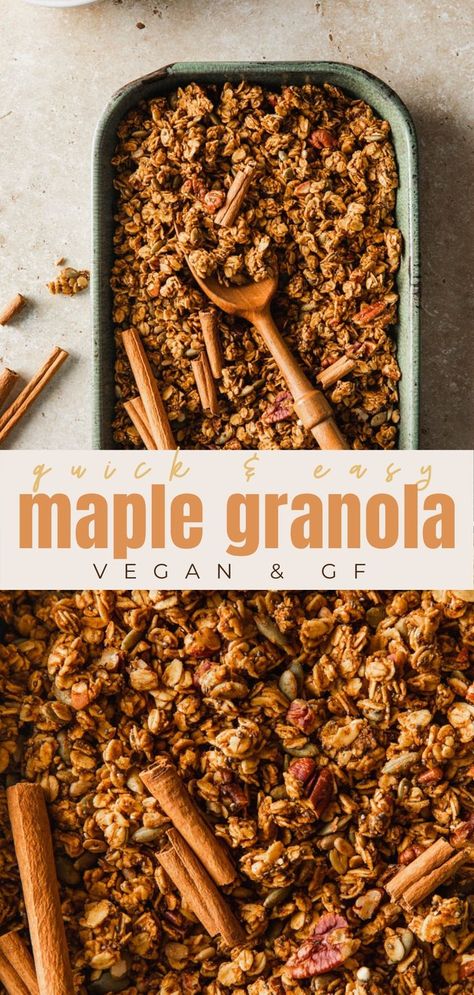 Easy to make maple harvest granola is made healthy using gluten free oats, nuts, quinoa and sweetened with maple syrup. Perfect for snacking, topping or enjoying as a cereal. Made gluten free, dairy free, egg free, refined sugar free and vegan. #vegan #vegansnacks #vegandessert #veganrecipes #healthy #healthyfood #healthyrecipes #pumpkin Cinnamon Pumpkin Seeds, Quinoa Granola Recipe, Crunchy Granola Recipe, Vegan Granola Recipe, Sugar Free Granola, Quinoa Granola, Maple Granola, Healthy Snack Alternatives, Protein Granola