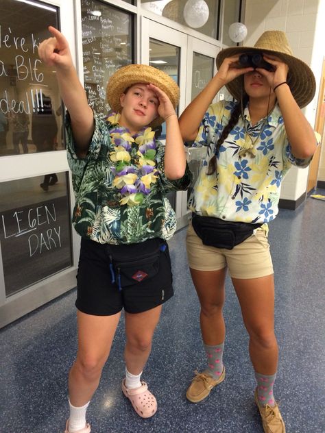 Tropical spirit day costume Hawaii Tourist Costume, Tropical Spirit Day, Tropical Costume Ideas, Tropical Tuesday Spirit Week, Tropical Spirit Week Outfit, Tropical Day Spirit Week, Vbs Outfits, Tropical Costume, Tacky Tourist