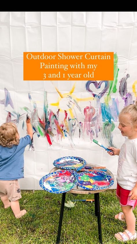 Shower Curtain Painting, Shower Curtain In Classroom, Shower Curtain Painting Activity, Tie Dye Shower Curtain, Shower Curtain Painting For Kids, Tye Dye Shower Curtain, Watercolor Shower Curtain, Outside Paint, Toddler Art Projects