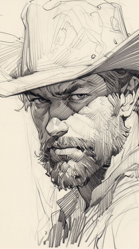 132785889007071720-IdeaPin-page-1-image Pencil sketch of a stern-faced man with a beard wearing a cowboy hat. | Sky Rye Design Gym Anime, Pencil Portrait Drawing, 얼굴 드로잉, Man Sketch, Hair Anime, Face Sketch, Anatomy Drawing, Portrait Sketches, Drawing Easy