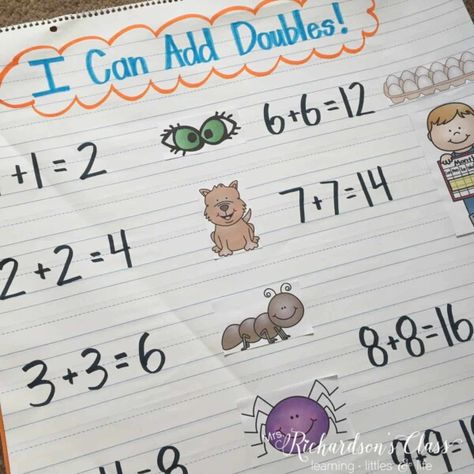 Doubles Addition Teaching Ideas that are great for first graders! I love the song that this teacher shared, too! Don't forget to grab the FREEBIE in the post! #firstgrade #freebie Doubles Facts Anchor Chart, Addition Anchor Charts, Teaching Doubles, Doubles Addition, Doubles Facts, Addition Activities, Teaching Mathematics, Addition Games, 1st Grade Math Worksheets