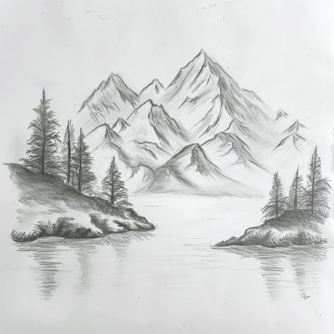 Dibujo a lapiz de un paisaje Landscape Drawing Pencil, Mountain Drawings, Mountain Landscape Drawing, Doodle Art Name, Drawing With Charcoal, Beginner Drawing Lessons, Beginner Drawing, Awesome Drawing Ideas, Cloud Illustration