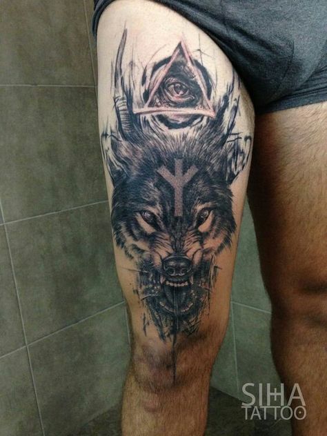 Wolf Thigh Tattoo, Werewolf Tattoo, Geometric Wolf Tattoo, Thigh Tattoo Men, Wolf Tattoos Men, Wolf Tattoo Sleeve, Thigh Tattoo Designs, Marquesan Tattoos, Omerta Tattoo