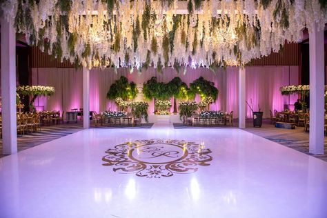 Traditional Elegant Wedding, Tall Gold Vases, Floral Structure, Floral Ceiling, Ballroom Wedding Reception, Purple Lighting, Inside Weddings, Orthodox Wedding, Wedding Consultant