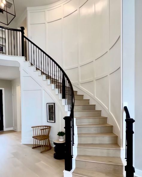 Now that’s a grand entrance 💗. DM us to discuss your staircase. #accentwalls #accentwallsdallas #accentwall #wallpanelling #wallpanels… | Instagram Pictures On Curved Staircase Wall, Curved Grand Staircase, Curved Staircase Accent Wall, Curved Staircase To Basement, Entry Staircase Ideas Entryway, Stair Wall Ideas Front Entry, Curved Staircase Decor, Luxury Staircase Grand Entrance, Grand Staircase Modern