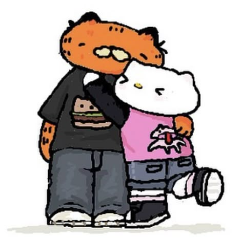 Hello Kitty X Garfield, Garfield And Hello Kitty, Hello Kitty Garfield, Hello Kitty And Garfield, Garfield Hello Kitty, Pfp Pinterest, Date Inspiration, Garfield Images, Me N Him