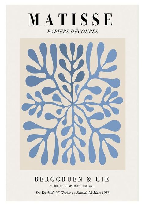 MATISSE PAPIERS DECOUPES light and dark blue leaf fine art exhibition print|#sketch #style #arte #happy #cute #draw #art #artist #love #drawing #artprints #artaesthetic #artinspiration #artideas Vintage Poster Art Blue, Matisse Poster Print, Dark Blue Prints, Light Blue Poster Prints, Beachy Prints Wall Art, Blue Wall Art Aesthetic, Vintage Posters Art Deco, Blue Poster Prints, Poster Prints Blue