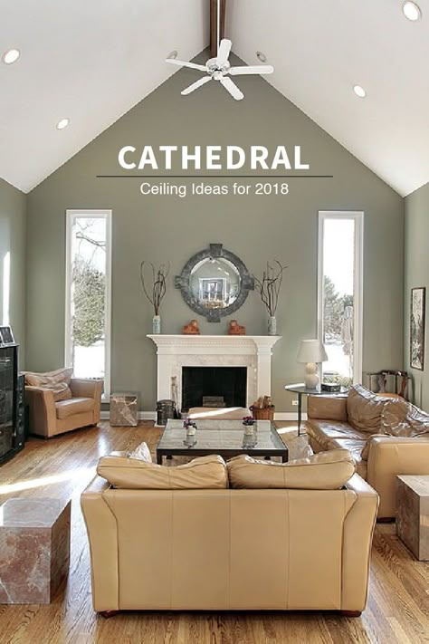 Cathedral ceilings are symmetrical in design. Each side is similar length and meets in the center creating an apex. #CeilingIdeas #TypesOfCeiling #CathedralCeilings Decorating High Walls, Cathedral Ceiling Living Room, Ceiling Paint Colors, Beamed Ceilings, Ikea Skadis, Vaulted Ceiling Living Room, High Ceiling Living Room, Types Of Ceilings, Room Paint Colors