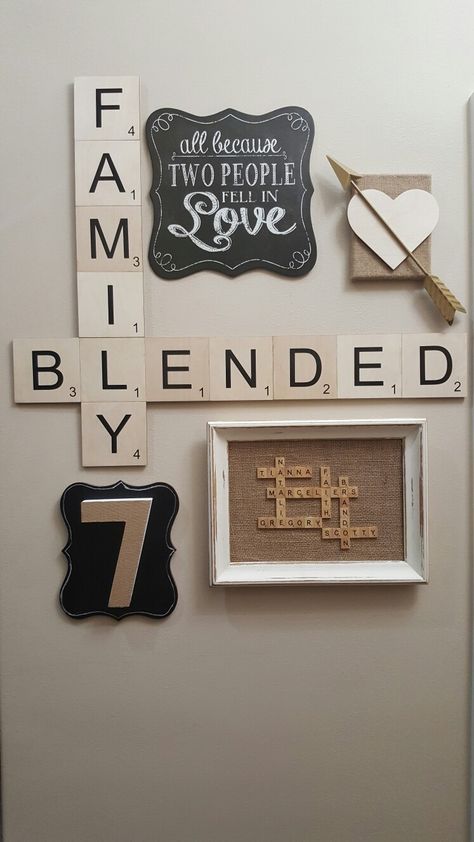 Living Room Scrabble Wall, Diy Family Canvas Ideas, Cricut Living Room Wall Decor, Blended Family Cricut Projects, Blended Family Home Decor, Blended Family Photo Wall, Blended Family Picture Wall Ideas, Blended Family Gifts, Blended Family Wall Decor