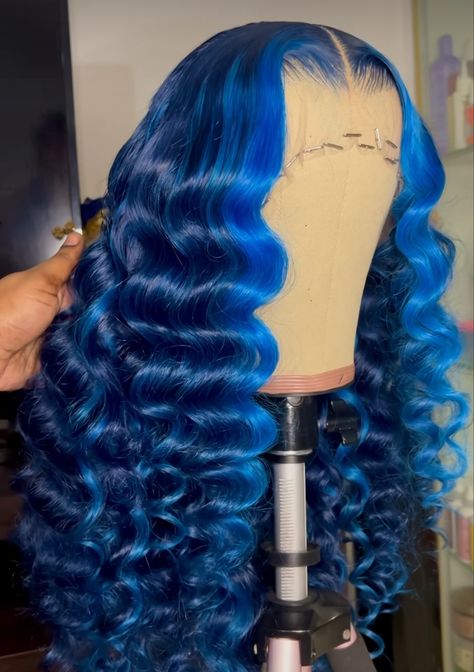 Multi Colored Wigs For Black Women, Royal Blue Wigs For Black Women, Blue Frontal Wig Hairstyles, Custom Wigs For Black Women, Colored Wig Installs, Colored Deep Wave Wig, Cute Wig Colors, Blue Wig Hairstyles, Blue Hair Hairstyles