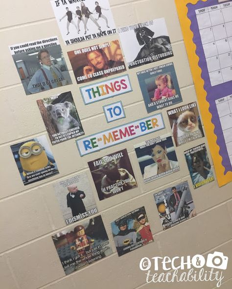 Things to ReMEMEber! Grab a free file of these memes on Tech and Teachability blog! Technology Bulletin Boards Elementary, Middle School Funny, Technology Bulletin Board, Teacher Memes Funny, Middle School Bulletin Boards, High School Bulletin Boards, College Memes, College Bulletin Boards, Middle School Counseling