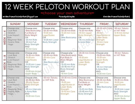 12 Week Peloton Plan - "Choose Your Own Peloton Adventure" Version! Peloton Plan, Peloton Workout Plan, Cycling Workout Plan, Peloton Workouts, Peloton Workout, 12 Week Workout, Weekly Workout Schedule, Week Schedule, Weekly Workout Plans