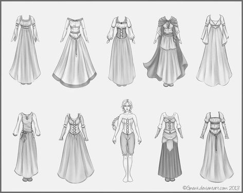 Medieval Dress Drawing, Dress Drawing Reference, Victorian Dress Drawing, Medieval Drawing, Medieval Fantasy Clothing, Medieval Clothes, Clothes Reference, Dress Sketches, Dress Drawing