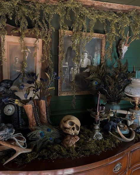 DEADER HOMES and GARDENS | Credit: @kevrosefarm • • • • • • • • #deaderhomesandgardens #gothicdecor #halloweendecor #spooky #spookydecor #halloweeneveryday #goth… | Instagram Gothic Witch House Decor, Faux Halloween Fireplace, Otgw Decorations, Old World Halloween Decor, Woodsy Gothic Decor, Gothic Haunted House Decor, Witch Aesthetic Halloween Decor, Fairytale House Decor, Witch Coven Halloween Decorations