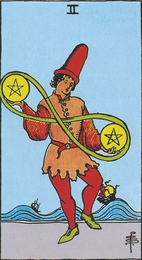 2 Of Pentacles, Two Of Pentacles, Suit Of Pentacles, Tarot Cards Art Illustration, Tarot The Fool, Pentacles Tarot, Learning Tarot, Learning Tarot Cards, Manage Time