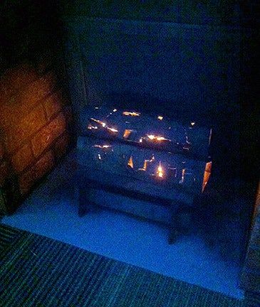 Cardboard Fireplace : 4 Steps - Instructables Fake Fireplace Logs, Fake Fireplace Cardboard, Diy Christmas Fireplace Cardboard Easy, Cardboard Box Fireplace Christmas, Christmas Diy Fireplace Cardboard, Diy Fireplace Fake Cardboard Boxes, Fake Fire, Diy Christmas Fireplace, Cardboard Fireplace