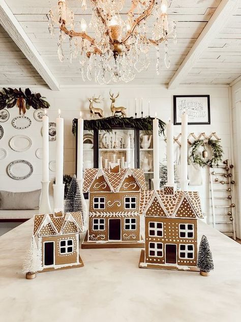 Anthropologie Gingerbread House, Chipboard Gingerbread House, Gingerbread House Entryway, Ginger Bread Village Ideas, Gingerbread Holiday Decor, Paper Gingerbread Houses, Gingerbread House Decorations Simple, Ginger Bread Cardboard House, Neutral Gingerbread House