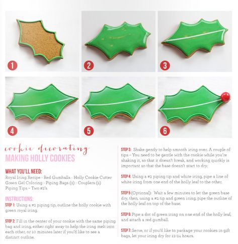 how to make holly cookies Christmas Special Food, Gingerbread Cookie Ideas, Holly Cookies, Cute Cookie Ideas, Cake Icing Decorating, Icing Cookies Ideas, Sweets Decoration, Christmas Holiday Food, Chocolate Sugar Cookie Recipe