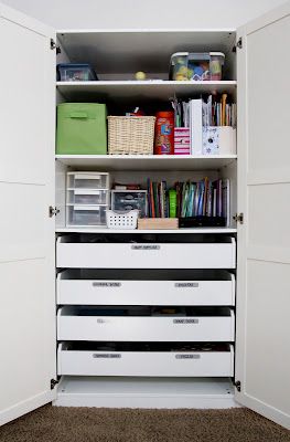 Pax cabinet from Ikea- large double door storage unit. Ikea Craftrooms, Ikea Craft Storage, Ikea Closet Organizer, Ikea Home Office, Craft Closet Organization, Office Desk Organization, Ikea Crafts, Cheap Office Furniture, Craft Cupboard