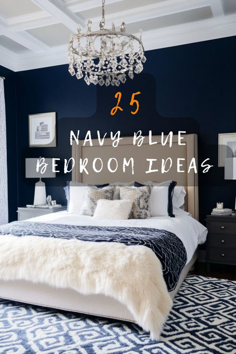 Navy blue can be your bedroom's best friend! Click for 25 elegant and soothing navy blue bedroom ideas that you'll absolutely love. 🌊🛌 #NavyBlueElegance #BedroomIdeas #HomeStyle #DecorTips #ElegantInteriors Navy Gold Bedroom, Navy Blue Bedroom Walls, Dark Blue Bedroom Walls, Navy Blue Bedroom Ideas, Navy Blue Houses, Blue And Cream Bedroom, Navy Blue Rooms, Khaki Bedroom, Navy Blue Furniture