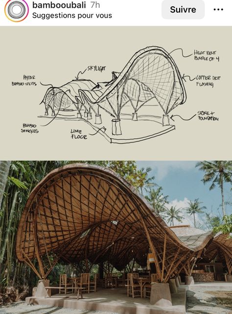 Curved Structure Architecture, Bamboo Houses Architecture, Modern Bamboo Architecture, Fish Architecture Concept, Public Pavilion Architecture, Grid Shell Structure, Bamboo Structure Architecture, Organic Architecture Concept Sketch, Waves Architecture