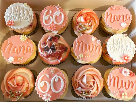 Pink and pretty cupcakes for a ladies 60th personalised with edible bespoke toppers 80th Birthday Cupcake Ideas, 60th Cupcakes For Ladies, 60th Birthday Cupcakes For Ladies, 60th Cupcakes, 60th Birthday Cake For Ladies, 60th Birthday Cupcakes, Cake Pop Bouquet, Birthday Cake Cupcakes, Character Cupcakes