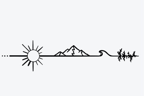 Simple Tattoos Outdoors, Sun Mountain Tree Land Water Tattoo, Mountain Arrow Tattoo, Hike Tattoo Ideas, Simple Outdoor Tattoos, Boardwalk Tattoo, Line Work Tattoo Men, Utah Tattoo Ideas, Outdoor Tattoos For Men