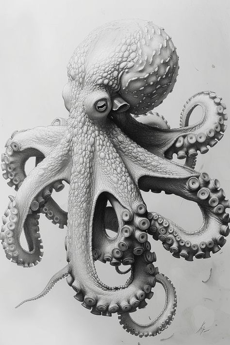 Pencil drawing of a complete female octopus in Gustave Dore art style, alien type, side view on a white background. Posiden Octopus Tattoo, Marine Animals Drawing, Female Octopus, Octopus Drawings, Octopus Art Drawing, Kraken Drawing, Drawing Octopus, Weird Sea Creatures, Salvation Tattoo