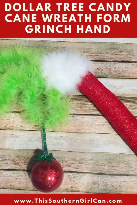 Make this awesome Grinch decoration with a candy cane wreath form from Dollar Tree! Dollar Tree Candy Cane Wreath, Dollar Tree Candy Cane, Grinch Candy, Candy Cane Wreath Tutorial, Candy Cane Wreath Diy, Grinch Crafts, Grinch Wreath, Grinch Hand, Candy Cane Crafts